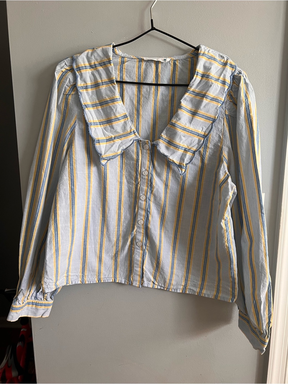 Primark Blue, Yellow & White Striped Ruffle Collar Button-Down Top